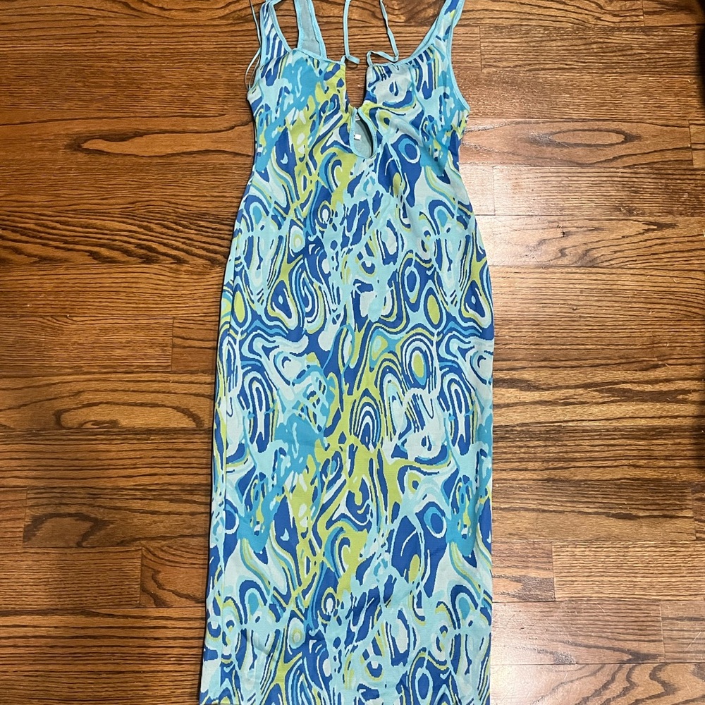Vibrant Blue and Green Patterned Midi Dress